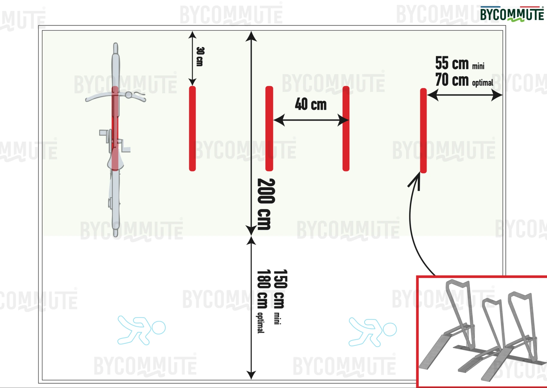 Schéma de supports vélos avec décalage de niveau