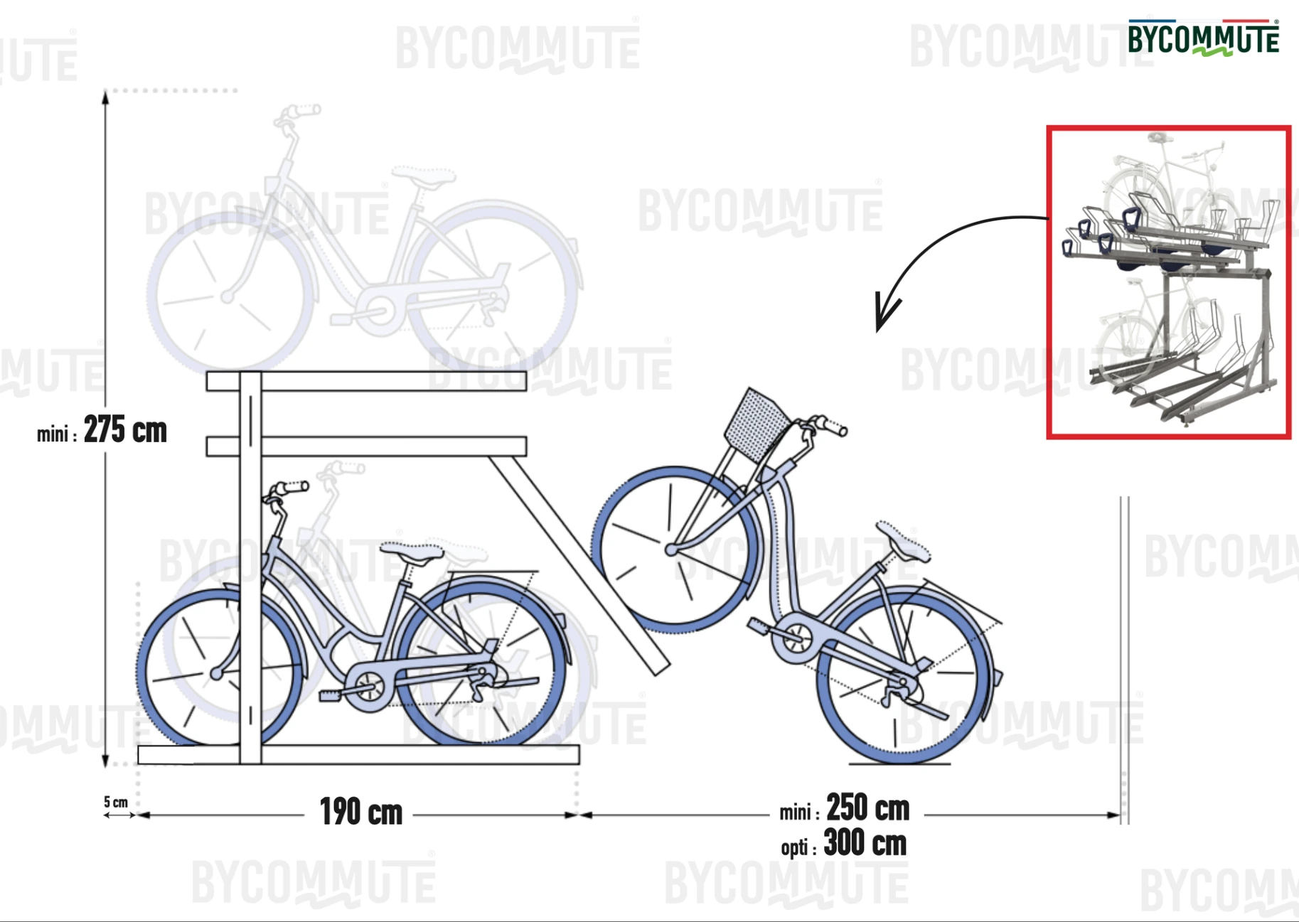 Schéma de racks vélos double étage de profil