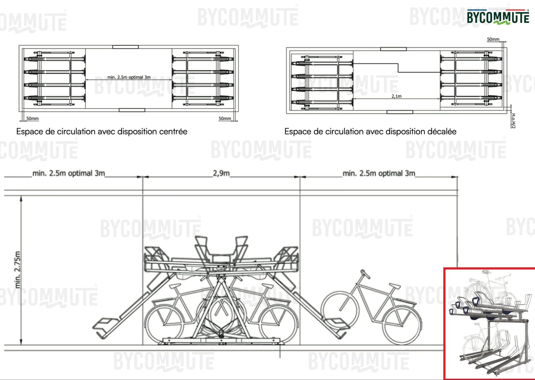 Schéma de racks vélos double étage de face