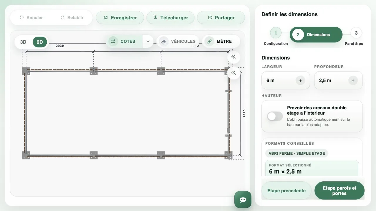 Vue 2D cotée et réglages de largeur et de profondeur dans le configurateur