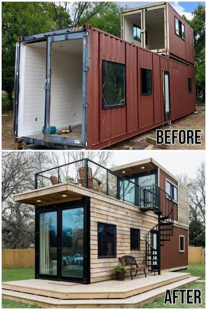Une maison en container aménagé avec un bardage bois