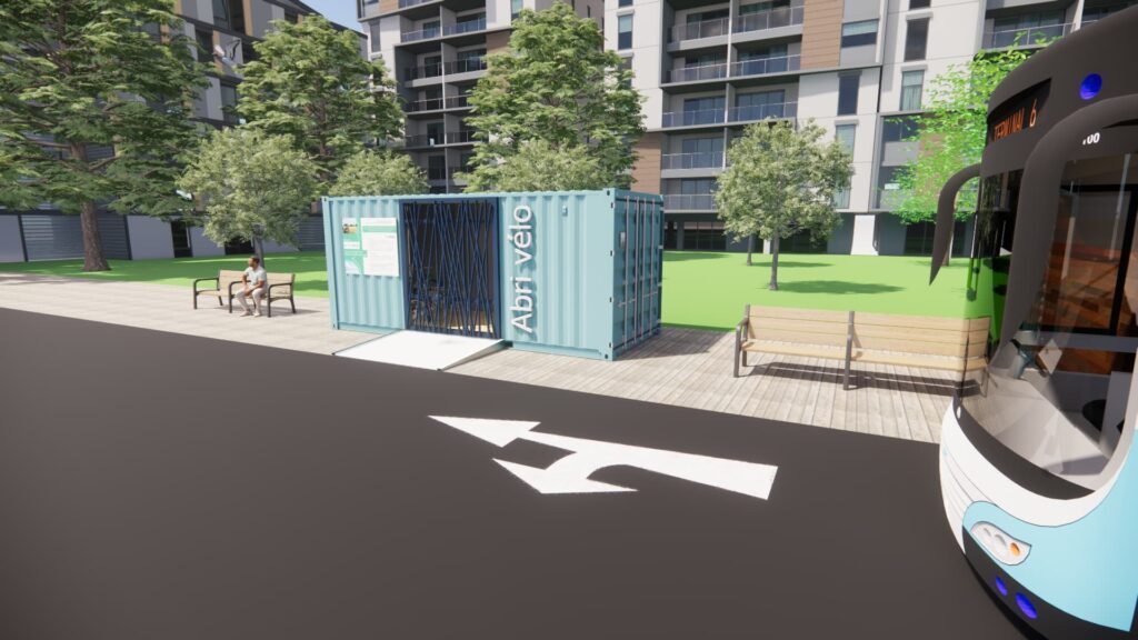 Abris vélo ByCommute en container maritime recyclé en milieu urbain