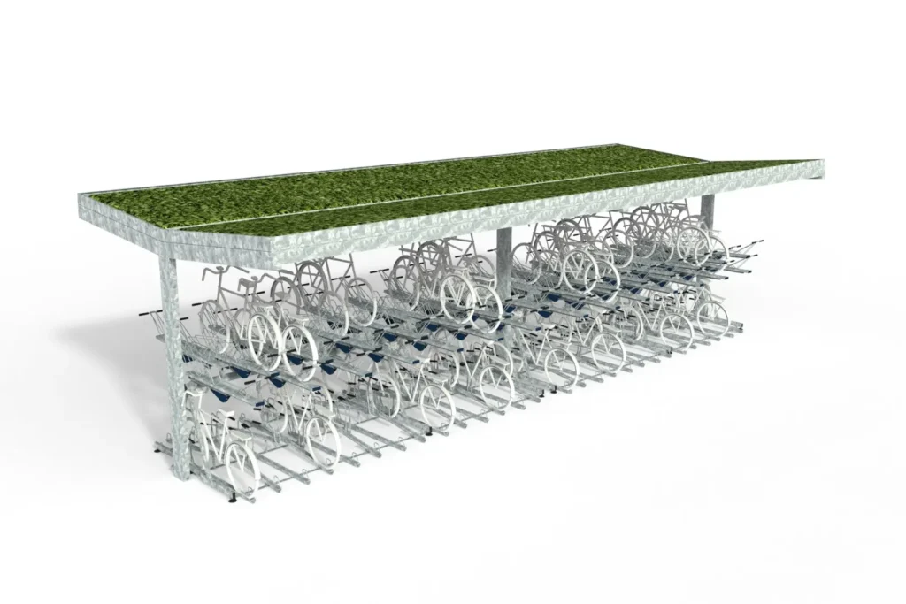 Abri vélo de ByCommute avec un toit en herbe et des racks à vélo double étage pour un stationnement optimisé. Cet abri vélo sécurisé et extérieur offre une solution écologique et pratique pour le rangement des vélos.