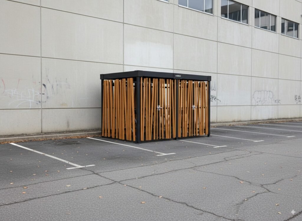 Abri vélo fermé design de la marque Bycommute, installé sur un parking d’entreprise, avec habillage en lames de bois verticales.