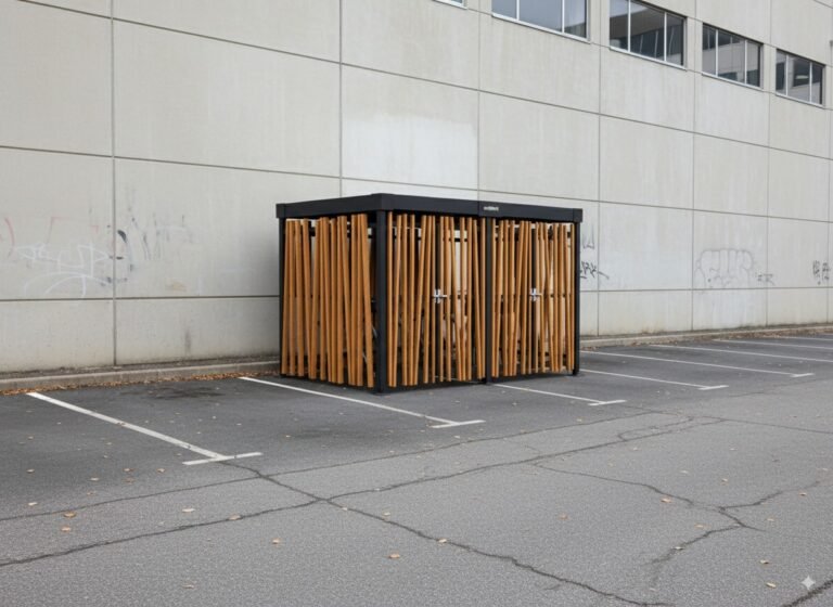 Abri vélo fermé design de la marque Bycommute, installé sur un parking d’entreprise, avec habillage en lames de bois verticales.