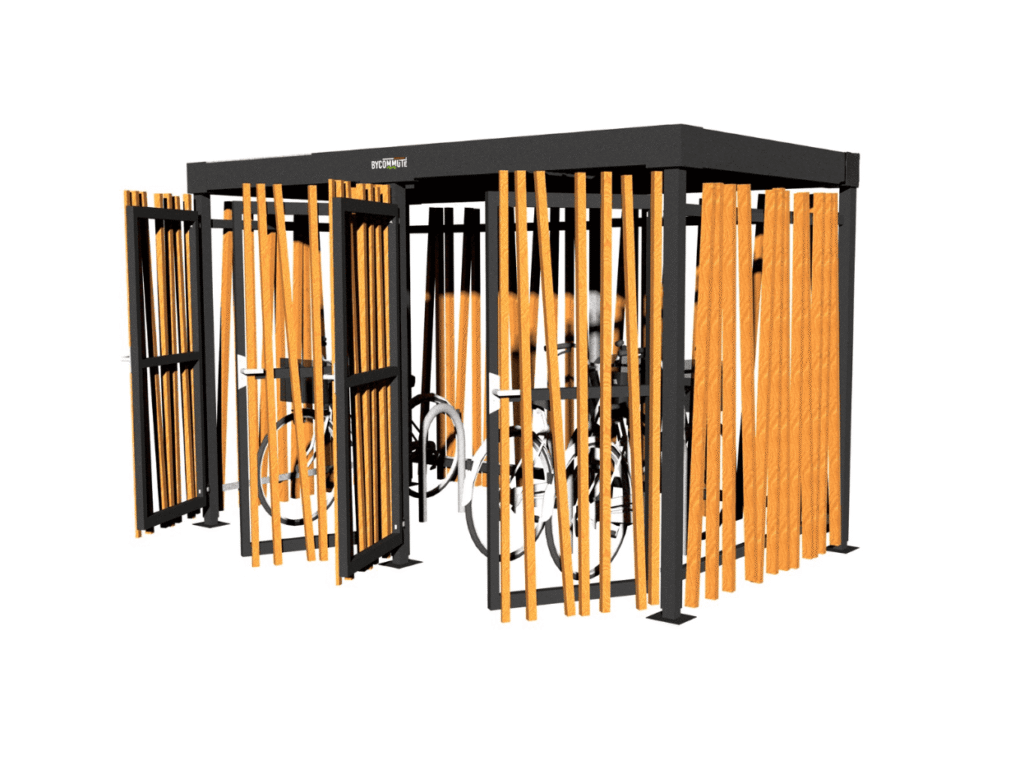 Abri vélo fermé Bycommute en acier et bois, design moderne avec portes ouvertes et vélos stationnés à l'intérieur.