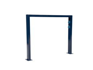 Station de recharge pour vélos électriques en acier peint bleu avec deux prises, idéale pour un abri vélo entreprise ou collectivité.
