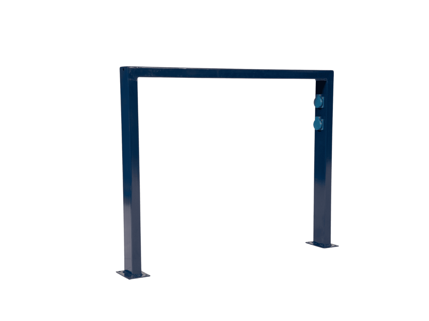 Station de recharge pour vélos électriques en acier peint bleu avec deux prises, idéale pour un abri vélo entreprise ou collectivité.