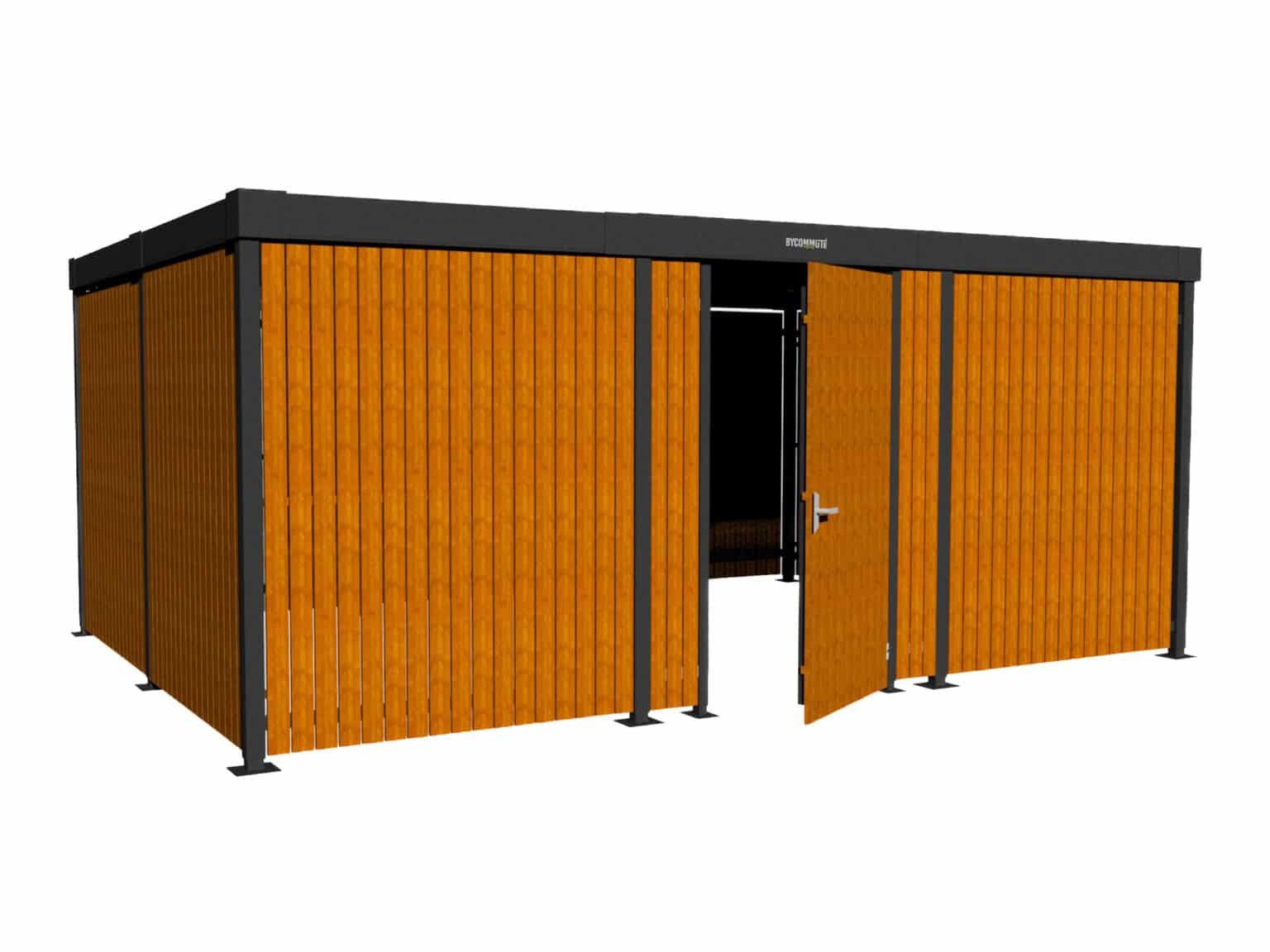 Abri vélo bois fermé de la marque Bycommute, avec structure métallique noire et lames verticales en bois, porte ouverte montrant l’intérieur sécurisé.