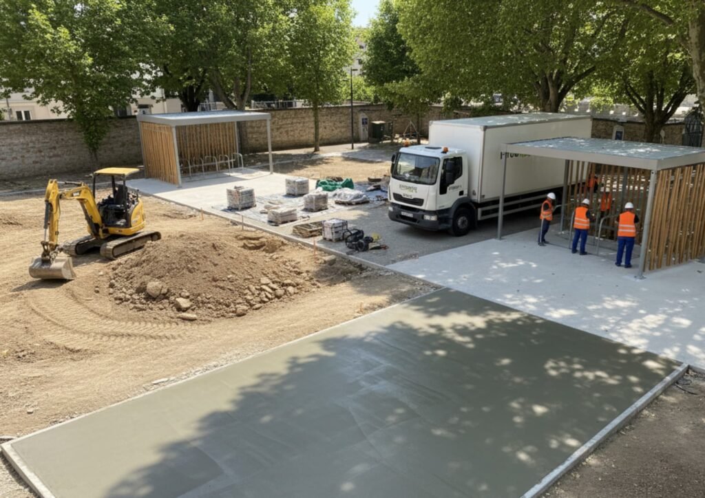 Chantier d’installation d’abris vélo bois Bycommute avec ouvriers, camion de livraison et mini-pelle, illustrant l’aménagement d’un espace de stationnement vélo sécurisé en collectivité.