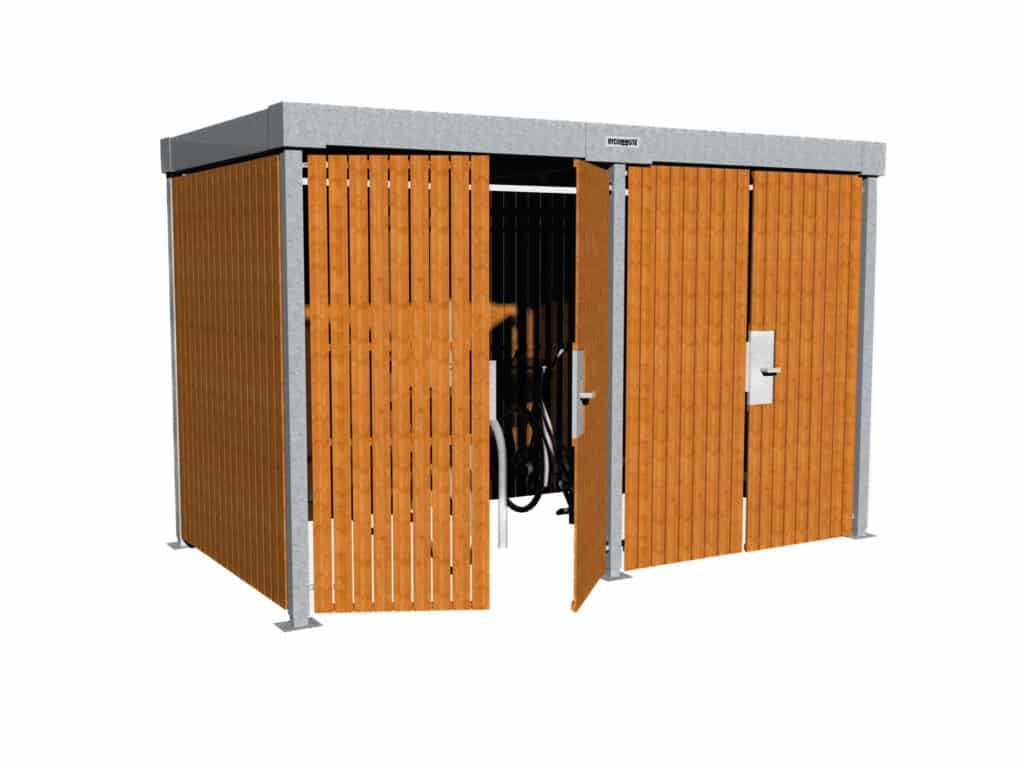 Abri vélo bois fermé Bycommute avec structure métallique et lames verticales en bois, portes battantes sécurisées et design moderne, idéal pour les entreprises ou collectivités.