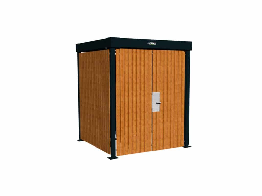 Geschlossener Fahrradunterstand aus Holz mit schwarzer Metallstruktur und Sicherheitsschloss, kompaktes Modell von Bycommute, ideal für Unternehmen oder Kommunen.