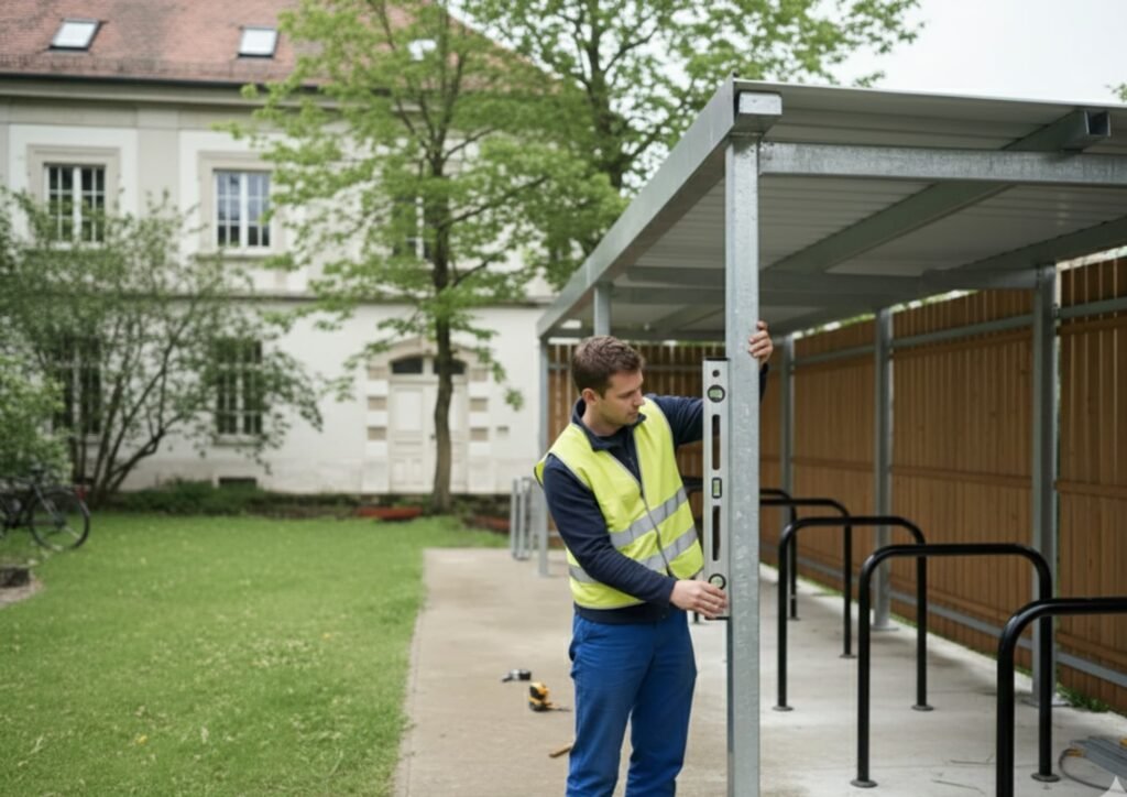 Ouvrier vérifiant l’alignement d’un poteau métallique avec un niveau à bulle lors de l’installation d’un abri vélo fermé en structure acier et bois.