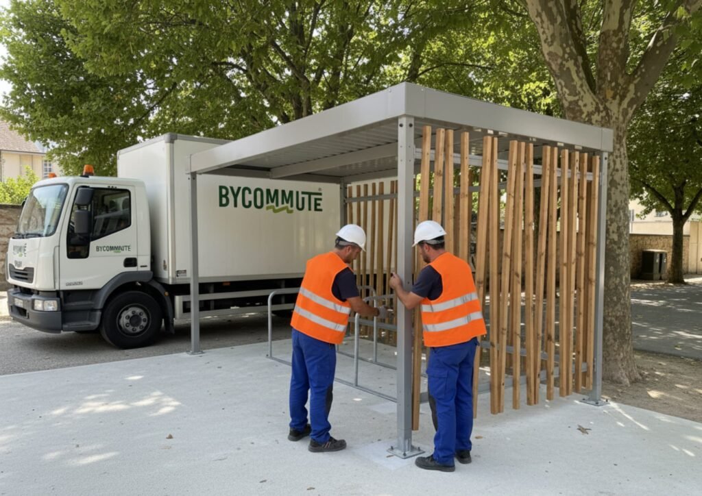 Deux ouvriers installent un abri vélo bois Bycommute sous un arbre, avec un camion de livraison de la marque à l’arrière-plan, illustrant la pose d’un abri vélo fermé en espace public.