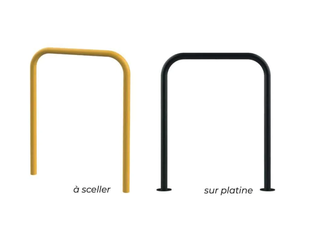 Deux arceaux vélos métalliques de forme identique : un modèle jaune à sceller et un modèle noir fixé sur platine.