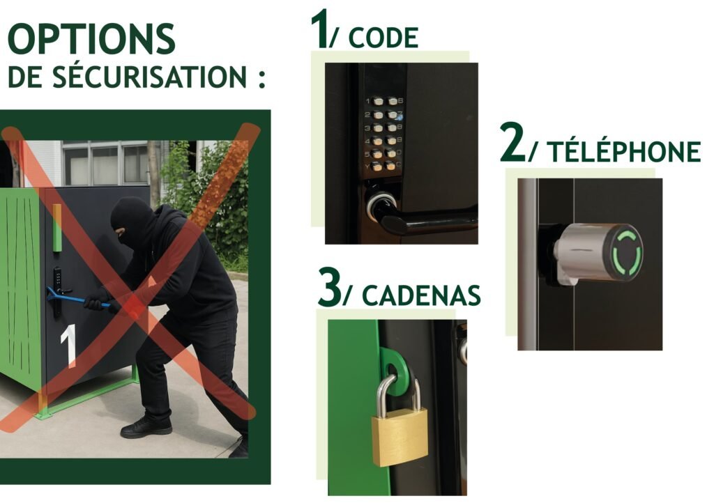 Options de sécurisation pour abri vélo Bycommute : système par code, ouverture par smartphone, ou cadenas classique, avec mise en garde contre les tentatives d'effraction.