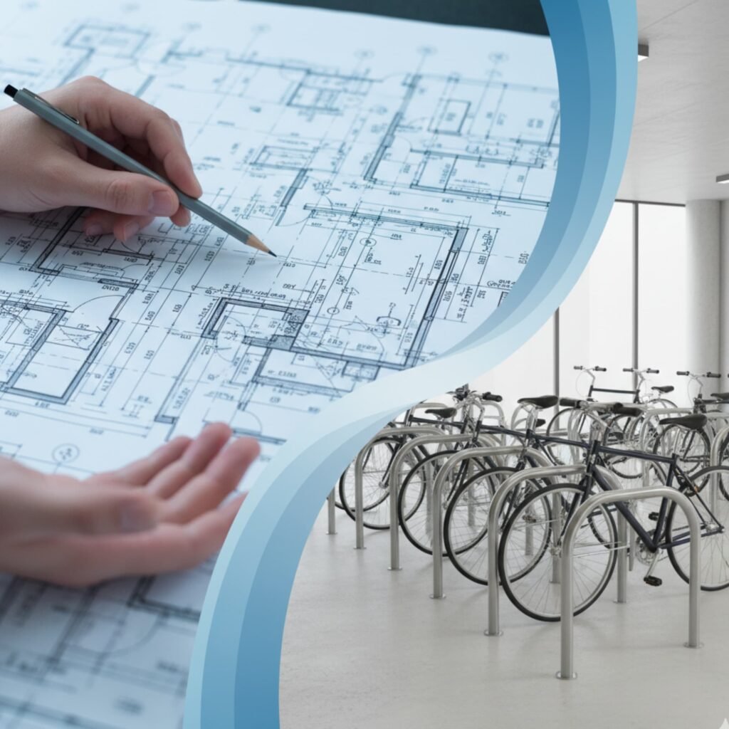 Plan architectural en cours de révision à gauche, juxtaposition avec un parking vélo intérieur moderne équipé d'arceaux métalliques, illustrant la conception d’un abri vélo entreprise par Bycommute.
