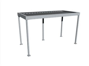 Structure métallique en acier galvanisé de forme rectangulaire avec toit à lames inclinées, présentée sous différents angles sur fond blanc. Idéal pour les abris vélo d'entreprise ou les abris vélo collectivité.