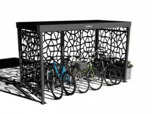 Abri vélo design noir Bycommute avec panneaux latéraux ajourés géométriques, rempli de vélos, présenté sur fond blanc.