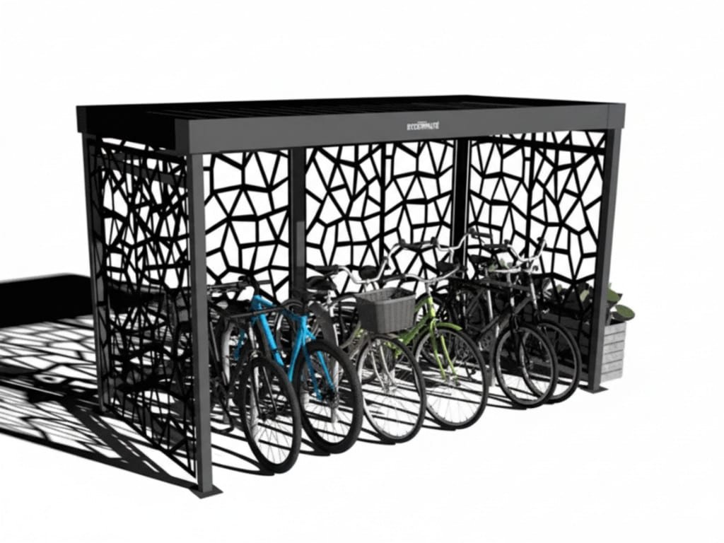 Abri vélo design noir Bycommute avec panneaux latéraux ajourés géométriques, rempli de vélos, présenté sur fond blanc.