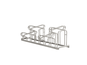 Support vélo en acier galvanisé à 6 emplacements, avec structure en arceaux alternés pour un stationnement optimisé.