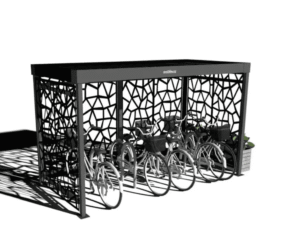 Bycommute design fietsoverkapping in zwart metaal met geperforeerde wanden in een geometrisch patroon, voor het stallen van meerdere fietsen.