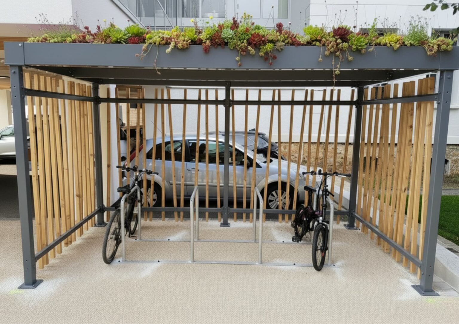 Abri vélo bois semi-ouvert avec toiture végétalisée et arceaux de stationnement, offrant une solution esthétique et écologique pour le stationnement sécurisé des vélos.