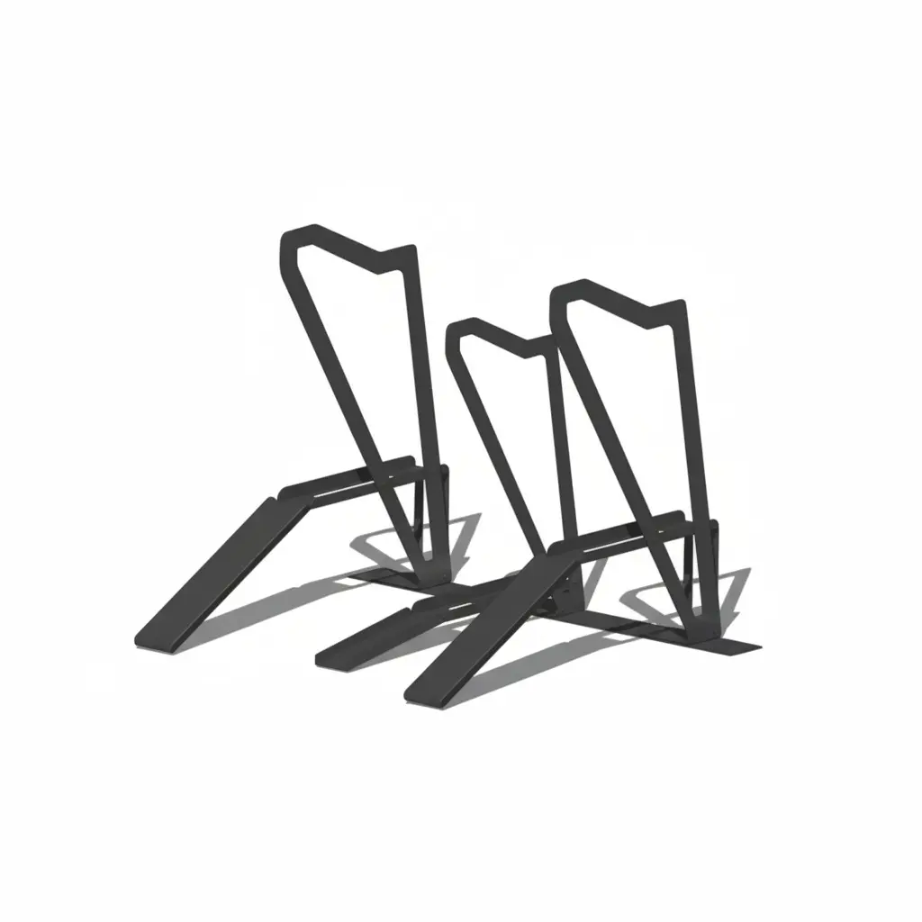 Support vélo double en métal au design épuré, conçu pour un stationnement sécurisé et compact, idéal pour équiper un abri vélo entreprise ou un garage à vélo fermé.