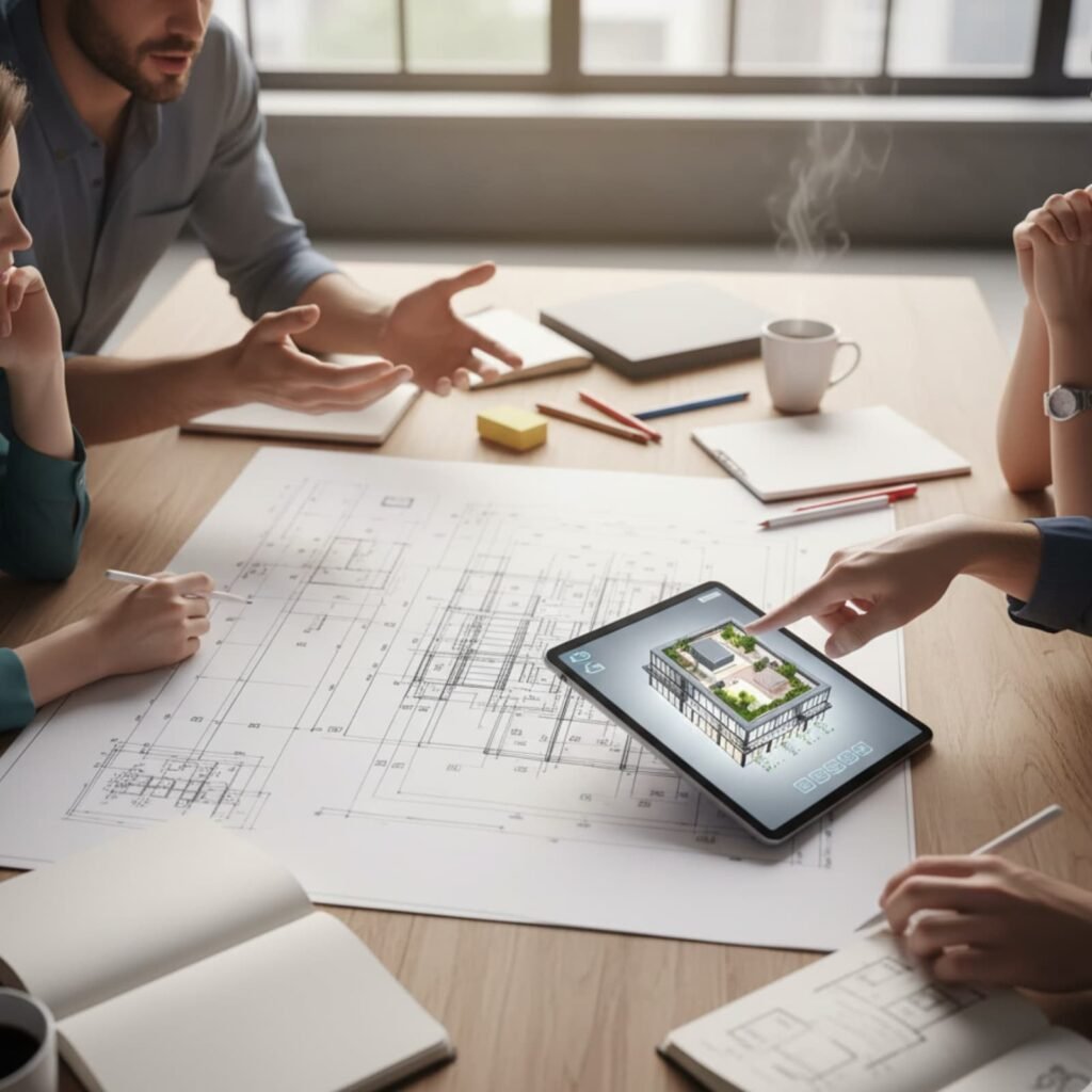 Réunion de conception autour de plans architecturaux avec une tablette affichant une modélisation 3D d’un bâtiment intégrant un abri vélo entreprise, illustrant une démarche collaborative de design durable.