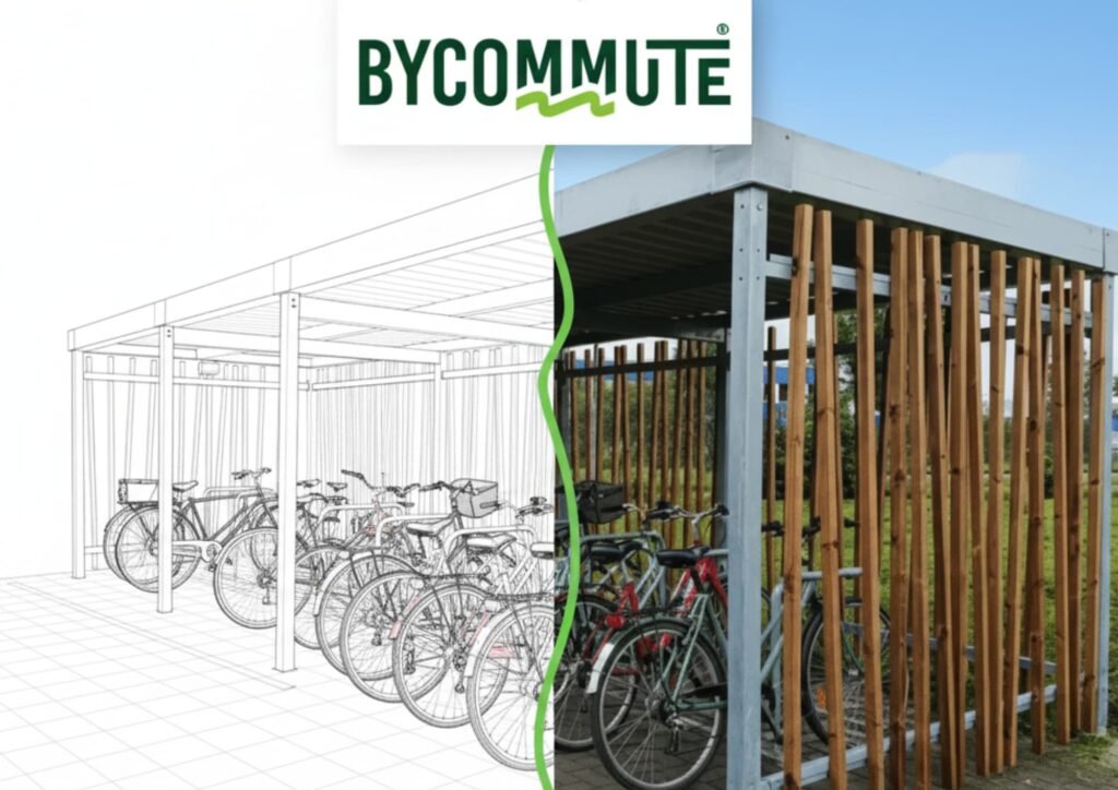 Visuel en deux parties d’un abri vélo bois signé Bycommute, à gauche en plan technique et à droite en version réelle installée, illustrant la transformation d’un projet en solution concrète d’abri vélo fermé.