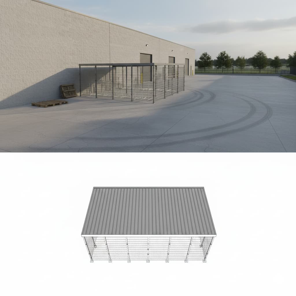 Abri vélo fermé en treillis métallique installé sur site industriel, accompagné d’une vue 3D technique du toit, illustrant une solution sécurisée pour entreprises ou sites logistiques.